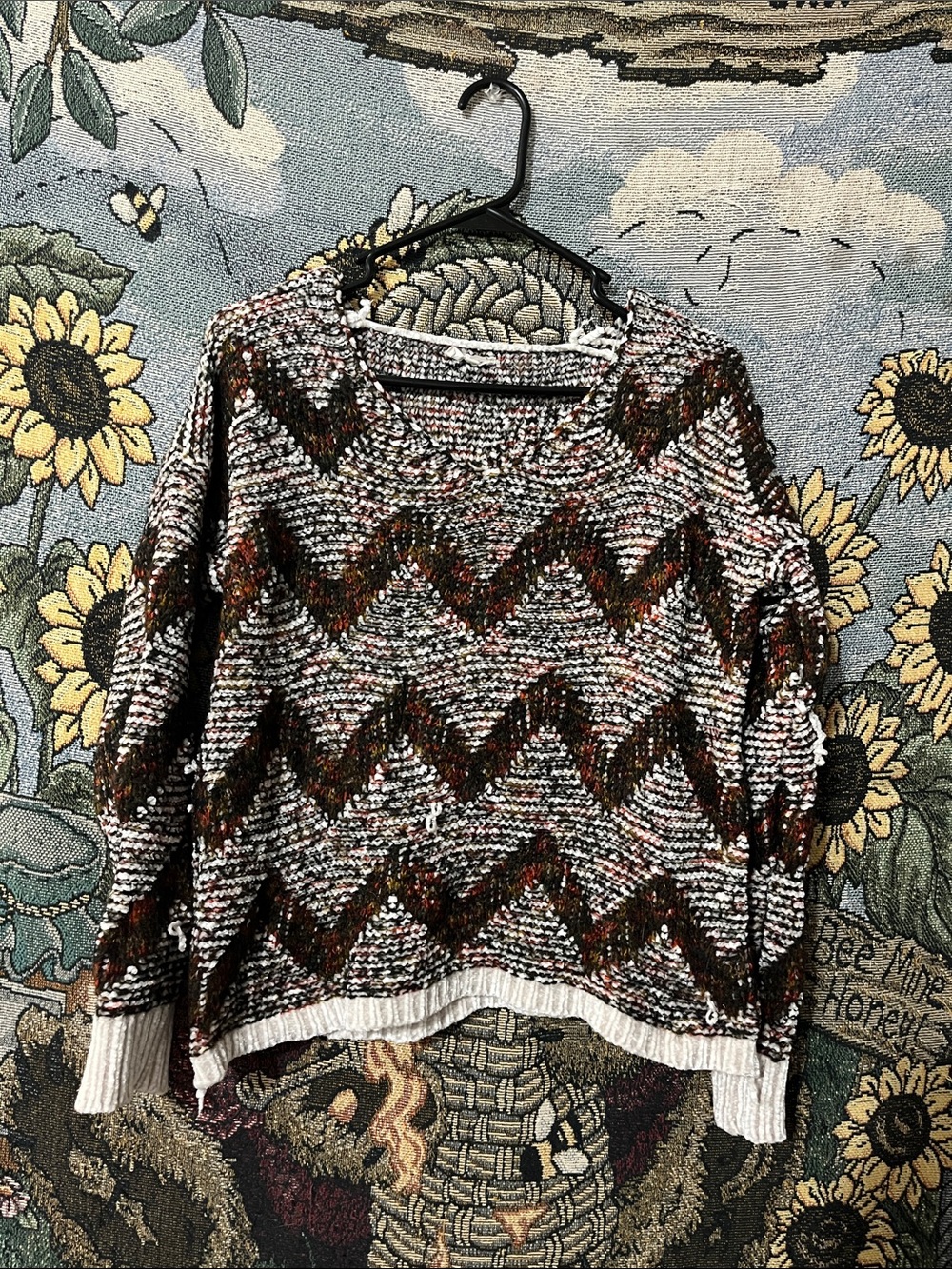 Mystree Multicolor Chevron Crewneck Sweater - Brown, Cream, Black, Rust